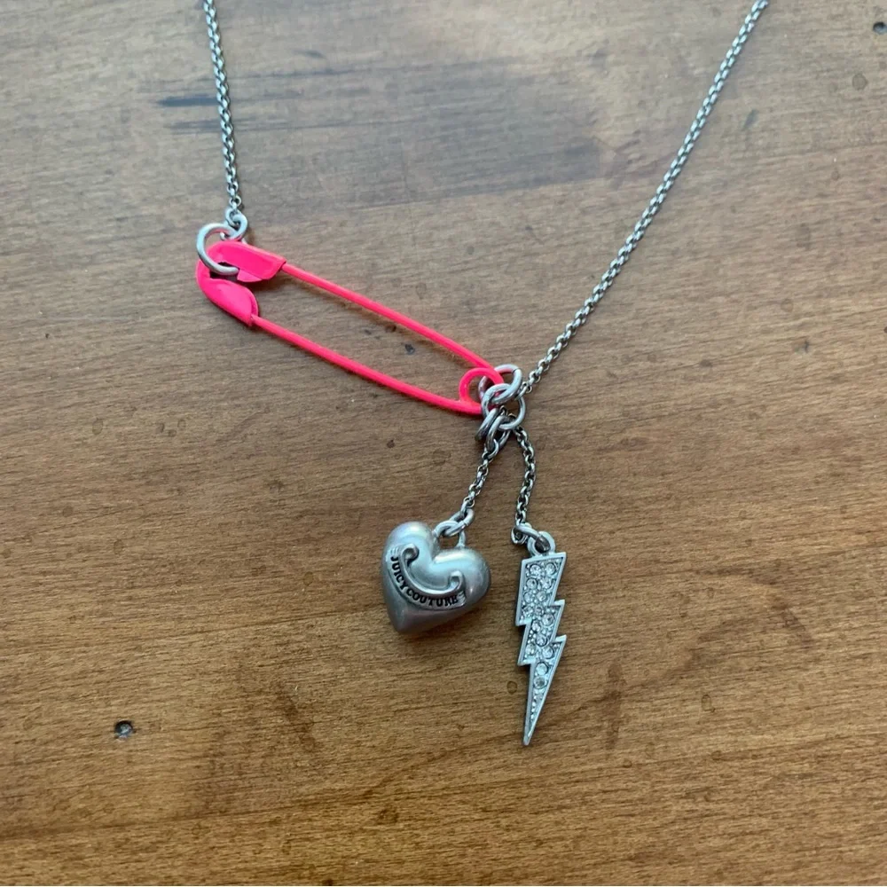 Juicy Couture Pam Gela Pink Safety Pin with Silver Charms Silver Chain Necklace - Picture 2 of 5